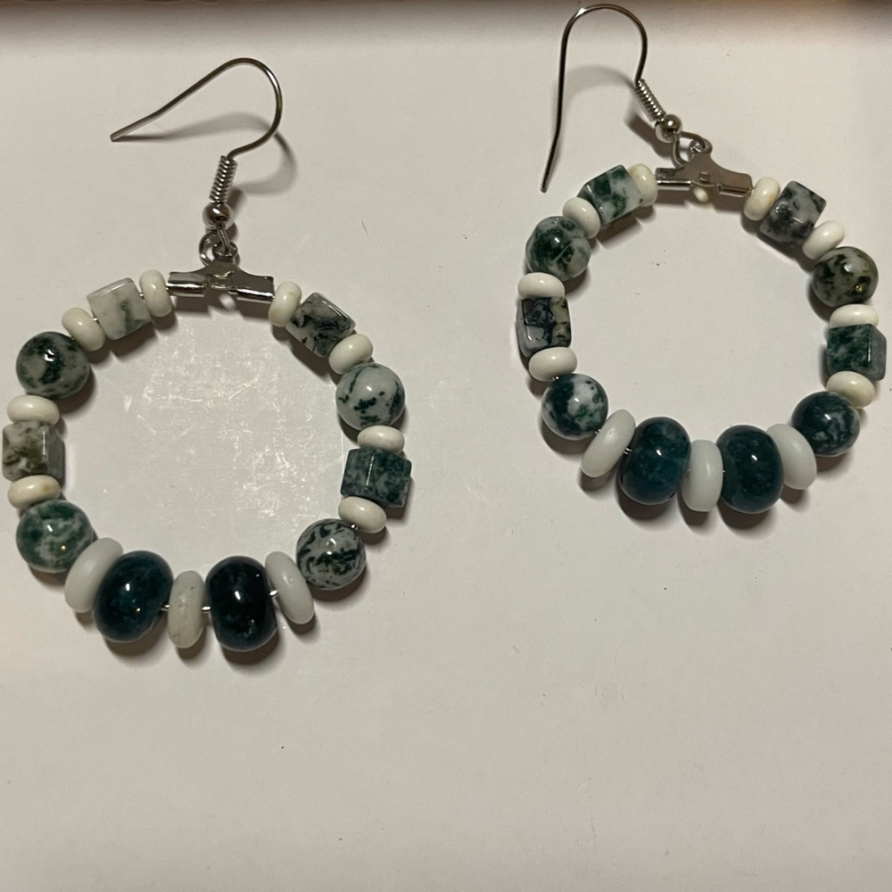 Handmade Green and White Beaded Hoop Earrings